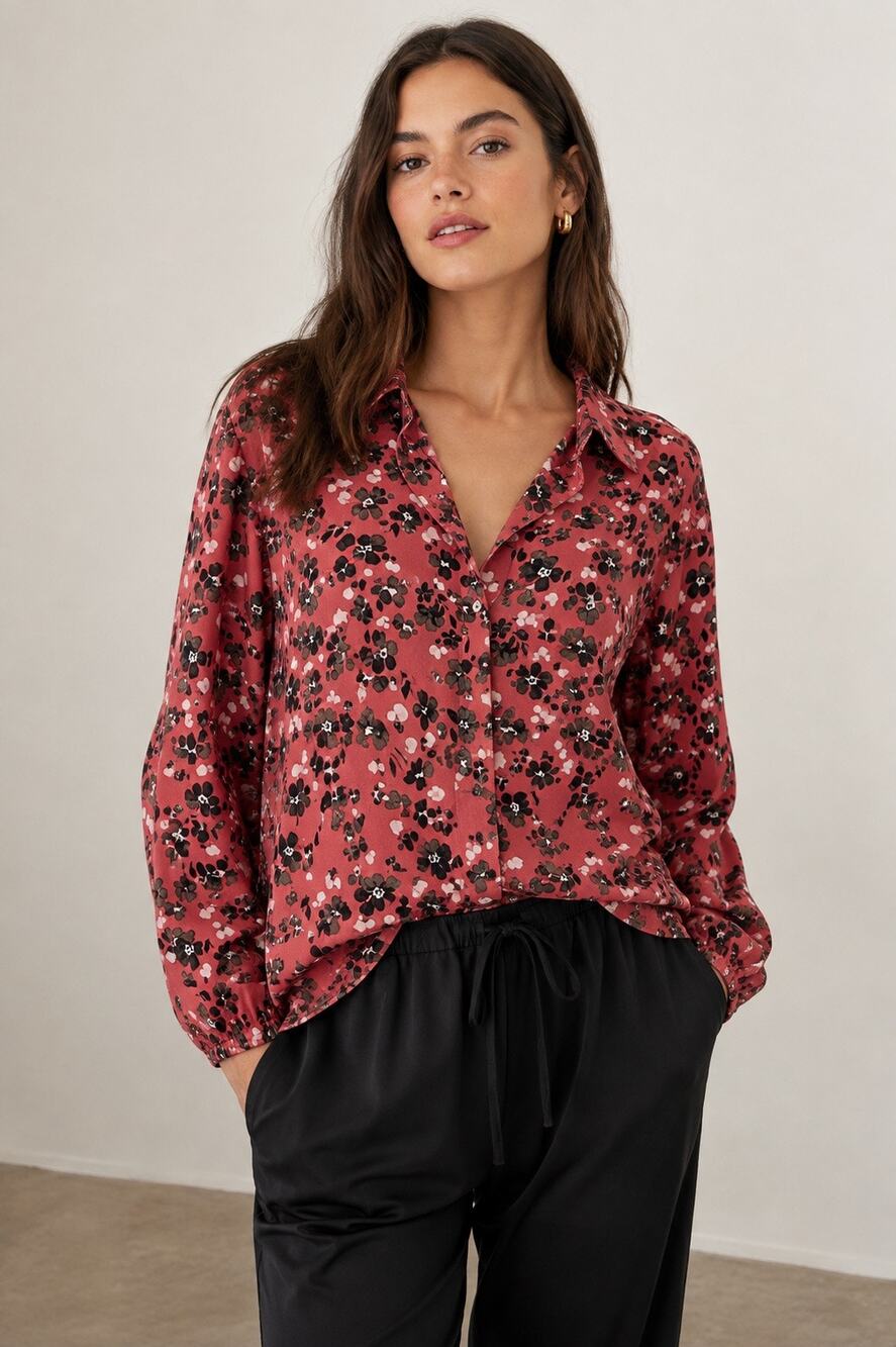 Johnny Was Calme Floral Button Front Cotton Blouse XL Pink Long Sleeve Oversized
